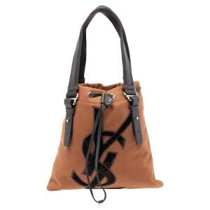 Pre Owned Yves Saint Laurent Brown Canvas and Velvet Drawstring Kahala Tote