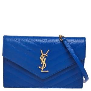 Pre Owned Saint Laurent Blue Matelassé Leather Monogram Envelope Wallet on Chain
