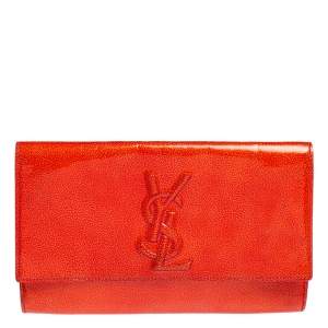 Pre Owned Yves Saint Laurent Orange Textured Patent Leather Belle De Jour Flap Clutch