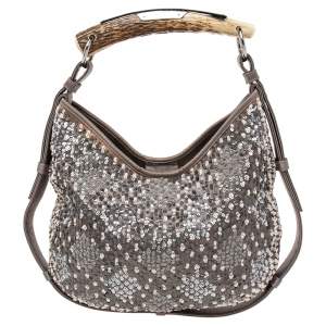 Pre Owned Yves Saint Laurent Grey Sequins And Satin Mombasa Horn Hobo