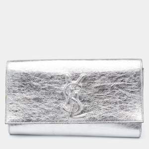 Pre Owned Yves Saint Laurent Metallic Silver Leather Belle De Jour Flap Clutch