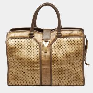 Pre Owned Yves Saint Laurent Gold/Black Perforated Leather Large Y Cabas Chyc Tote
