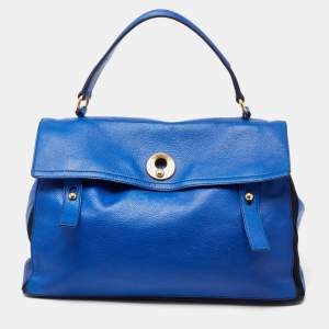 Yves Saint Laurent Blue/Black Leather and Canvas Large Muse Two Top Handle Bag