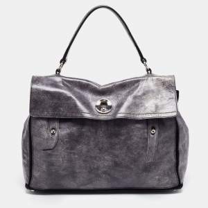 Yves Saint Laurent Grye/Black Glossy Leather and Suede Medium Muse Two Top Handle Bag