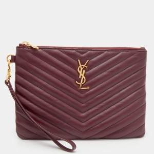 Pre Owned Yves Saint Laurent Burgundy Quilted Leather Monogram Wristlet Pouch