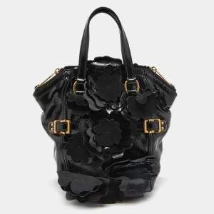 Pre Owned Yves Saint Laurent Black Patent Leather Small Floral Applique Downtown Tote