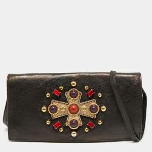 Pre Owned Yves Saint Laurent Brown Leather Jeweled Studded Flap Crossbody Bag