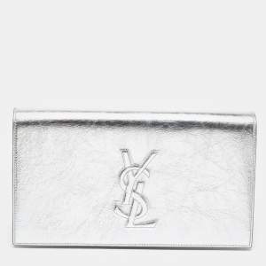 Pre Owned Yves Saint Laurent Silver Glossy Leather Belle De Jour Flap Clutch