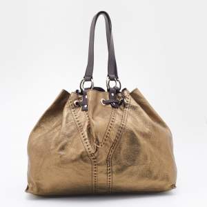 Pre Owned Yves Saint Laurent Pale Gold/Brown Leather Double Sac Y Tote