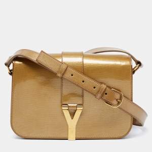 Pre Owned Yves Saint Laurent Gold Patent Leather Medium Chyc Shoulder Bag 