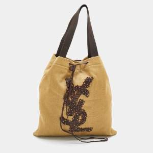 Pre Owned Yves Saint Laurent Beige/Brown Straw and Leather Drawstring Tote
