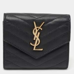 Pre Owned Saint Laurent Black Matelasse Leather Monogram Trifold Wallet