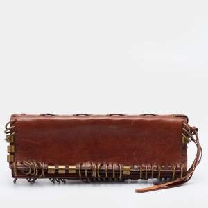 Pre Owned Yves Saint Laurent Brown Leather Ring Studded Clutch
