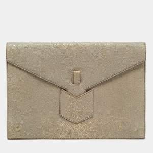 Pre Owned Yves Saint Laurent Khaki Stingray Embossed Leather Envelope Clutch