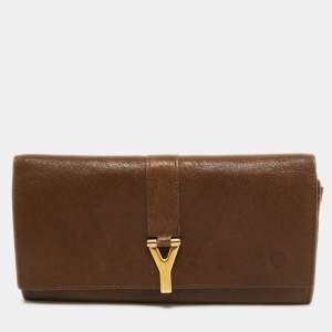 Pre Owned Yves Saint Laurent Brown Leather Y Line Flap Continental Wallet
