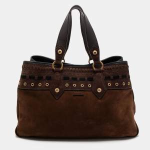 Pre Owned Yves Saint Laurent Brown Suede Eyelet Embellished Tote