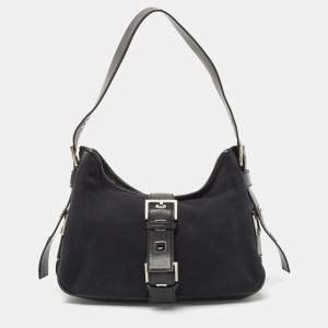 Yves Saint Laurent Black Canvas and Leather Buckle Flap Baguette Bag