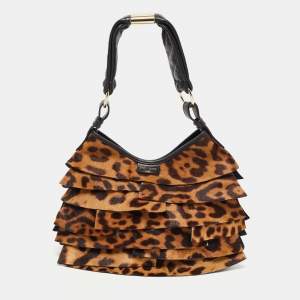 Pre Owned Yves Saint Laurent Brown/Black Leopard Pony Hair And Suede St Tropez Hobo