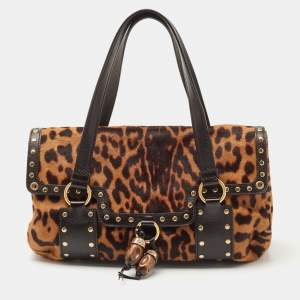 Pre Owned Yves Saint Laurent Brown Leopard Print Calfhair and Leather Studded Flap Satchel