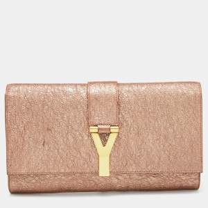 Yves Saint Laurent Metallic Rose Gold Crinkled Leather Chyc Flap Clutch
