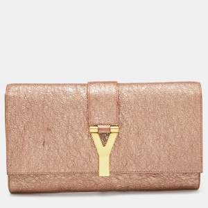 Pre Owned Yves Saint Laurent Metallic Rose Gold Crinkled Leather Chyc Flap Clutch