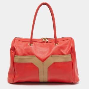 Yves Saint Laurent Red/Beige Leather Lucky Chyc Bowler Bag