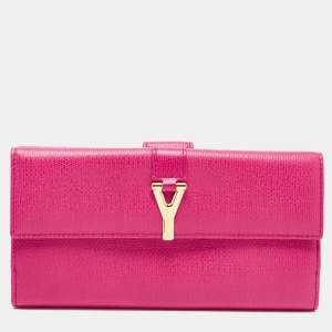 Pre Owned Yves Saint Laurent Pink Leather Ligne Y Charm Flap Wallet 