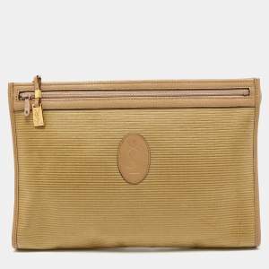 Pre Owned Yves Saint Laurent Beige/Olive Green Coated Fabric Zip Pouch