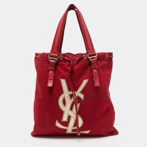 Saint Laurent Red/Gold Canvas and Leather Drawsting Kahala Tote 