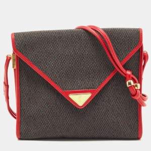 Yves Saint Laurent Red/Grey Woven Coated Canvas and Leather Double Flap Crossbody Bag