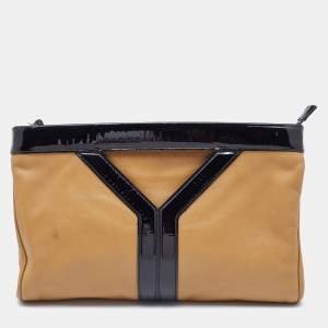 Pre Owned Yves Saint Laurent Beige/Black Patent Leather and Leather Cocktail Oversized Clutch