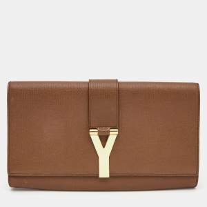 Yves Saint Laurent Brown Leather Y-Ligne Flap Clutch