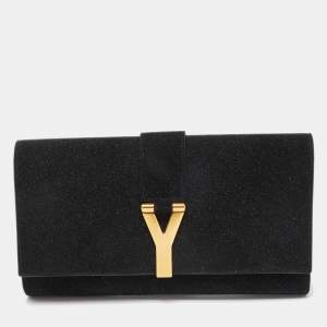 Yves Saint Laurent Black Glitter Suede Y-Ligne Clutch