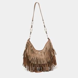 Pre Owned Yves Saint Laurent Beige Suede and Leather La Boheme Fringe Hobo