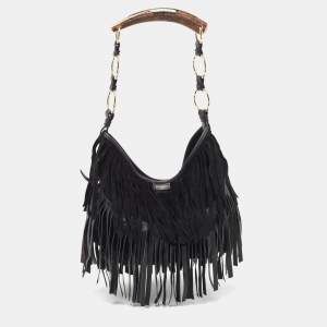 Yves Saint Laurent Black Leather and Suede Mombasa Fringe Hobo
