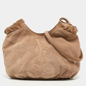 Yves Saint Laurent Beige Suede Logo Studded Hobo