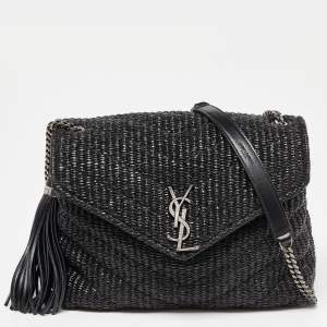 Saint Laurent Black Matelassé Raffia and Leather Loulou Crossbody Bag
