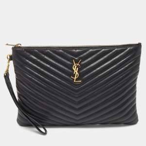 Saint Laurent Black Matelassé Leather Monogram Wristlet Pouch