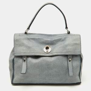 Yves Saint Laurent Blue Croc Embossed Leather and Suede Large Muse Two Top Handle Bag