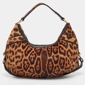 Pre Owned Yves Saint Laurent Black/Brown Leopard Print Calf Hair Hobo