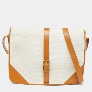 Yves Saint Laurent Off White/Tan Canvas and Leather Vintage Shoulder Bag