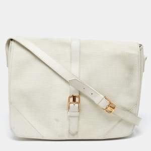 Yves Saint Laurent White Woven Embossed Leather Buckle Flap Messenger Bag