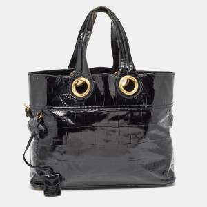 Pre Owned Yves Saint Laurent Black Croc Embossed Patent Leather Sac Palma Tote