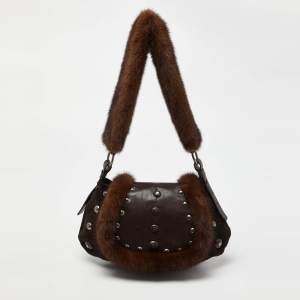 Yves Saint Laurent Dark Brown Suede, Leather and Mink Fur Studded Flap Hobo