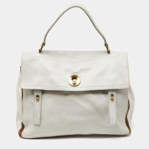 Yves Saint Laurent White/Brown Leather and Suede Large Muse Two Top Handle Bag