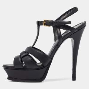 Pre Owned Yves Saint Laurent Black Leather Tribute Sandals Size 37