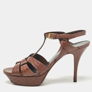 Pre Owned Yves Saint Laurent Brown Lizard Embossed Leather Tribute Ankle Strap Sandals Size 40