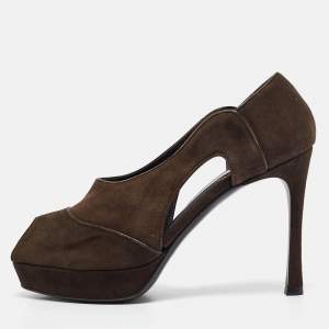 Yves Saint Laurent Brown Cut Out Suede Peep Toe Pumps Size 38.5