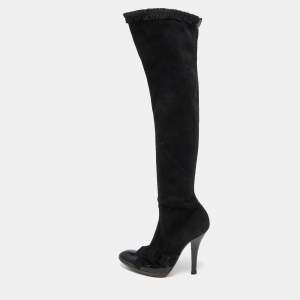 Yves Saint Laurent Black Suede and Patent Leather Knee Length Boots Size 38