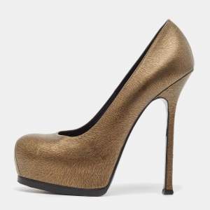 Yves Saint Laurent Gold/Black Textured Leather Tribtoo Pumps Size 38